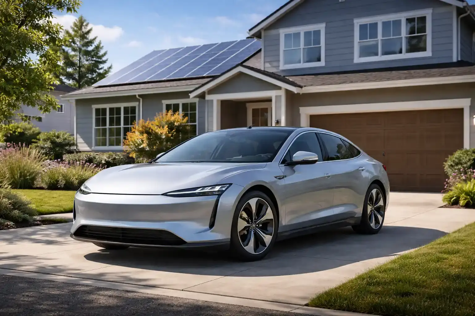EV basics — silver electric vehicle parked in driveway with solar panels on house roof in background