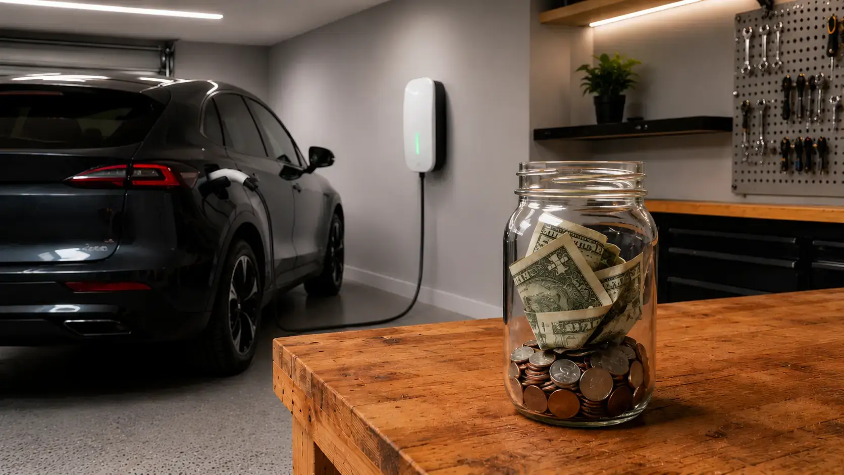 EV incentives savings jar with coins and dollar bills next to electric vehicle charging at home garage Level 2 charger