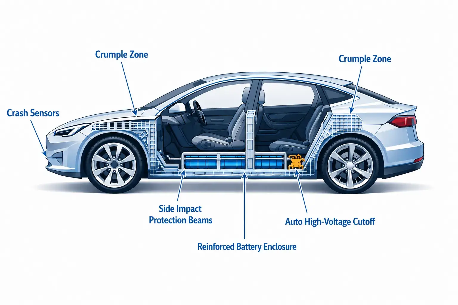 EV safety structure diagram showing crumple zones crash sensors side impact protection beams reinforced battery enclosure and auto high-voltage cutoff