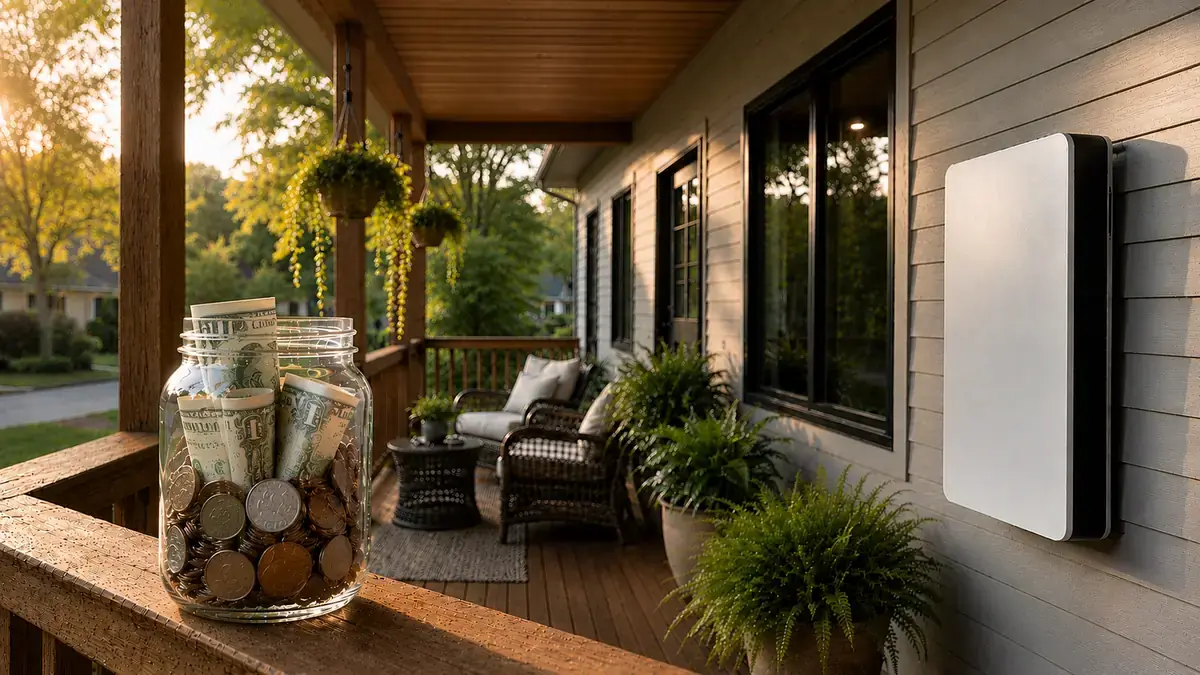Battery incentives — glass jar of cash and coins on a porch railing beside a wall-mounted home battery storage unit