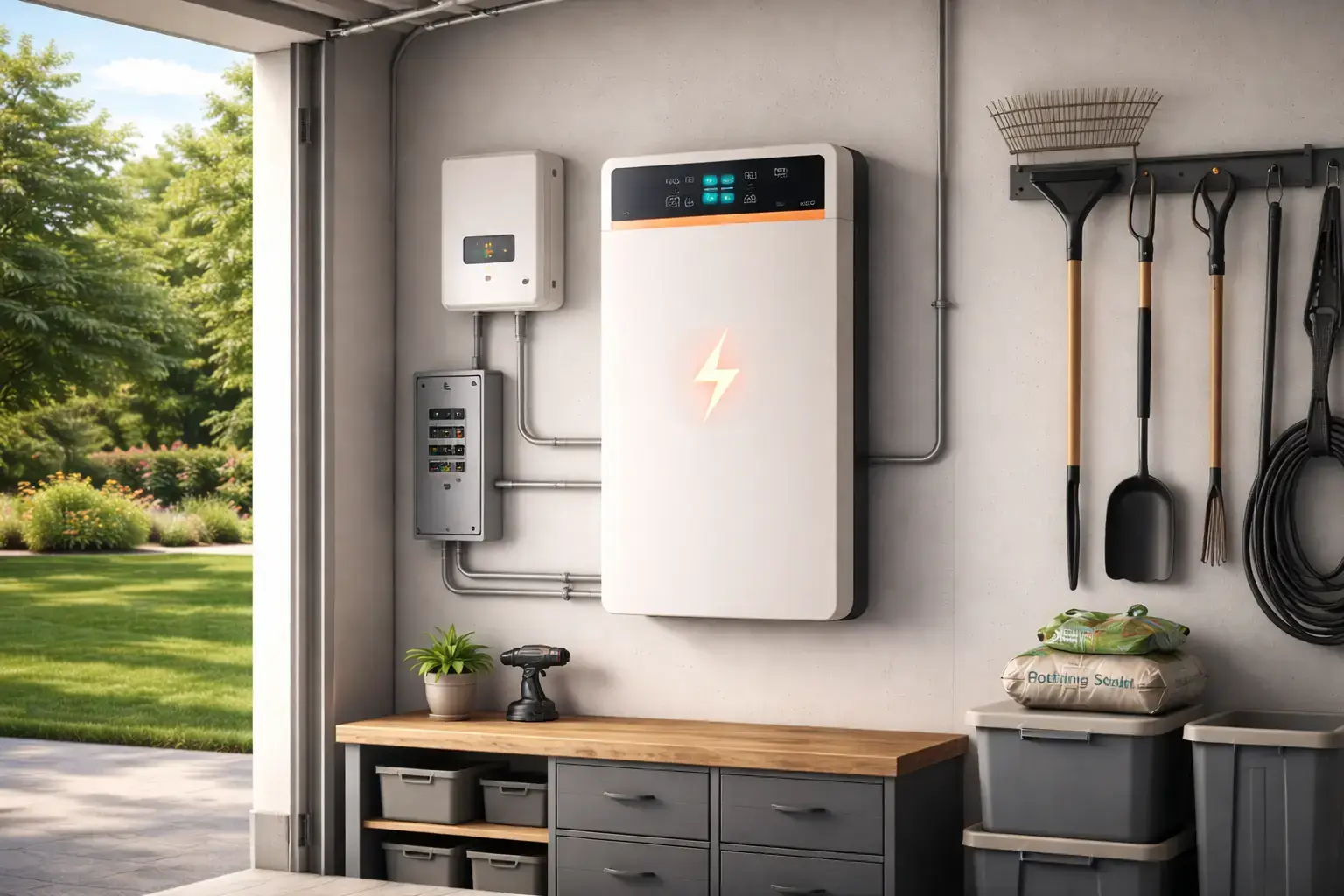 Battery basics — home battery storage system installed in a garage with electrical panel connections