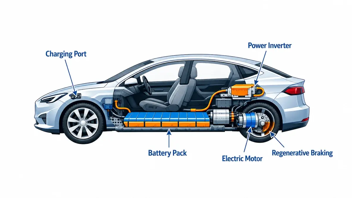 Diagram showing how electric cars work — charging port, battery pack, electric motor, power inverter, and regenerative braking labeled on a car