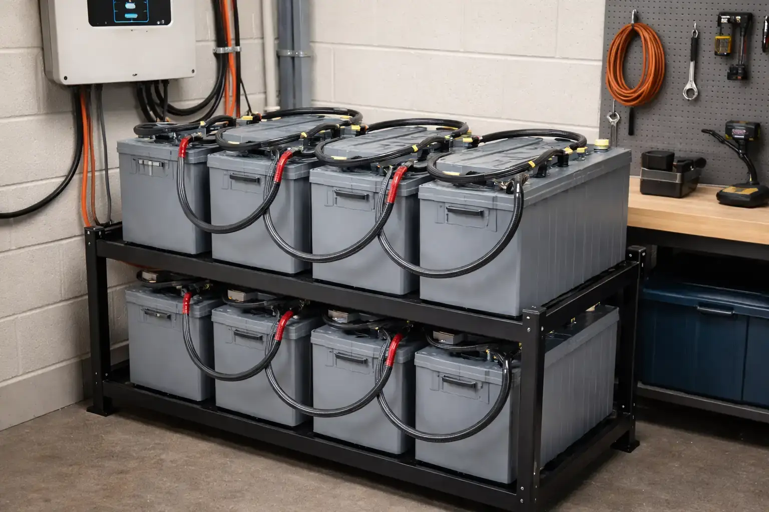 Lead-acid solar battery bank with 8 large batteries on metal rack showing wiring for home solar storage