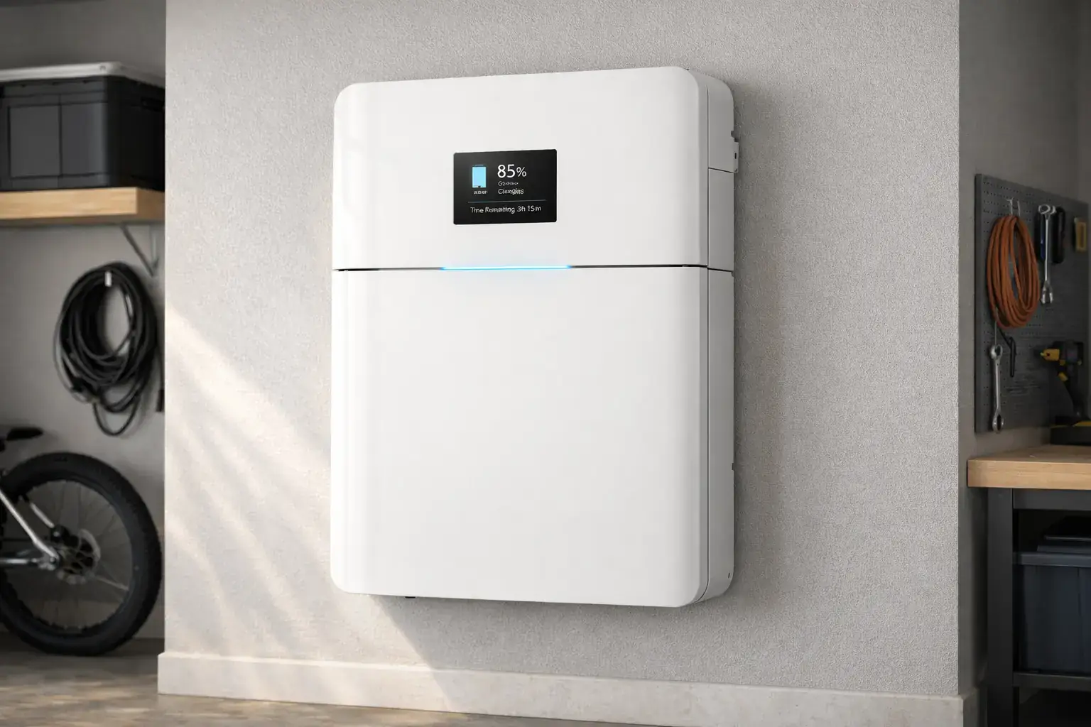 Modern lithium home solar battery storage unit wall mounted in garage