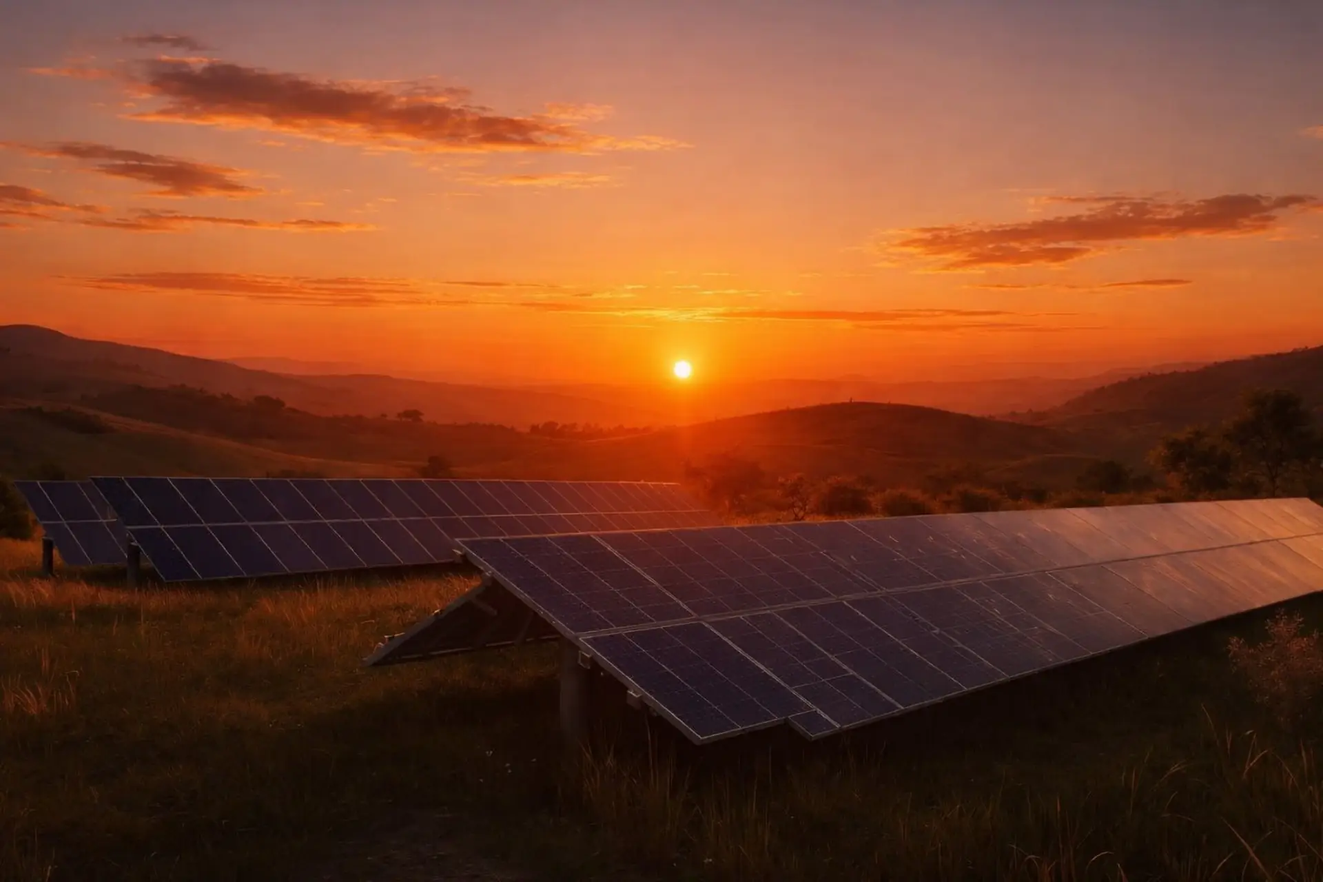 Solar panels on a rooftop at sunset with a solar savings calculator overlay