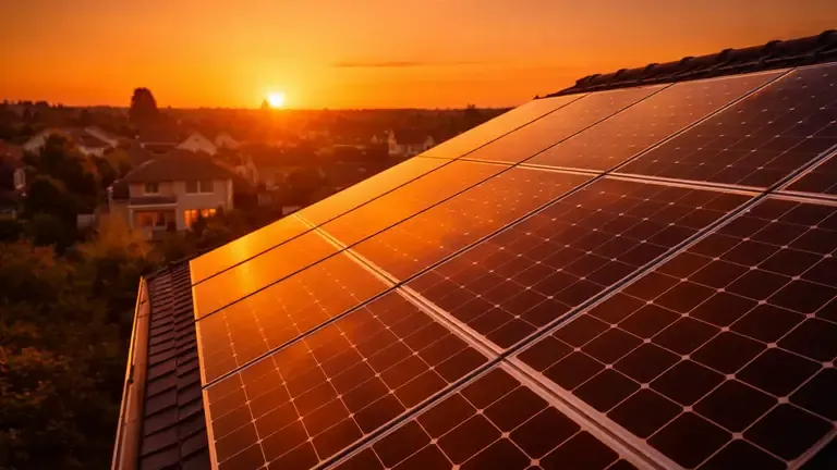 Free solar calculator — rooftop solar panels at sunset showing home energy savings