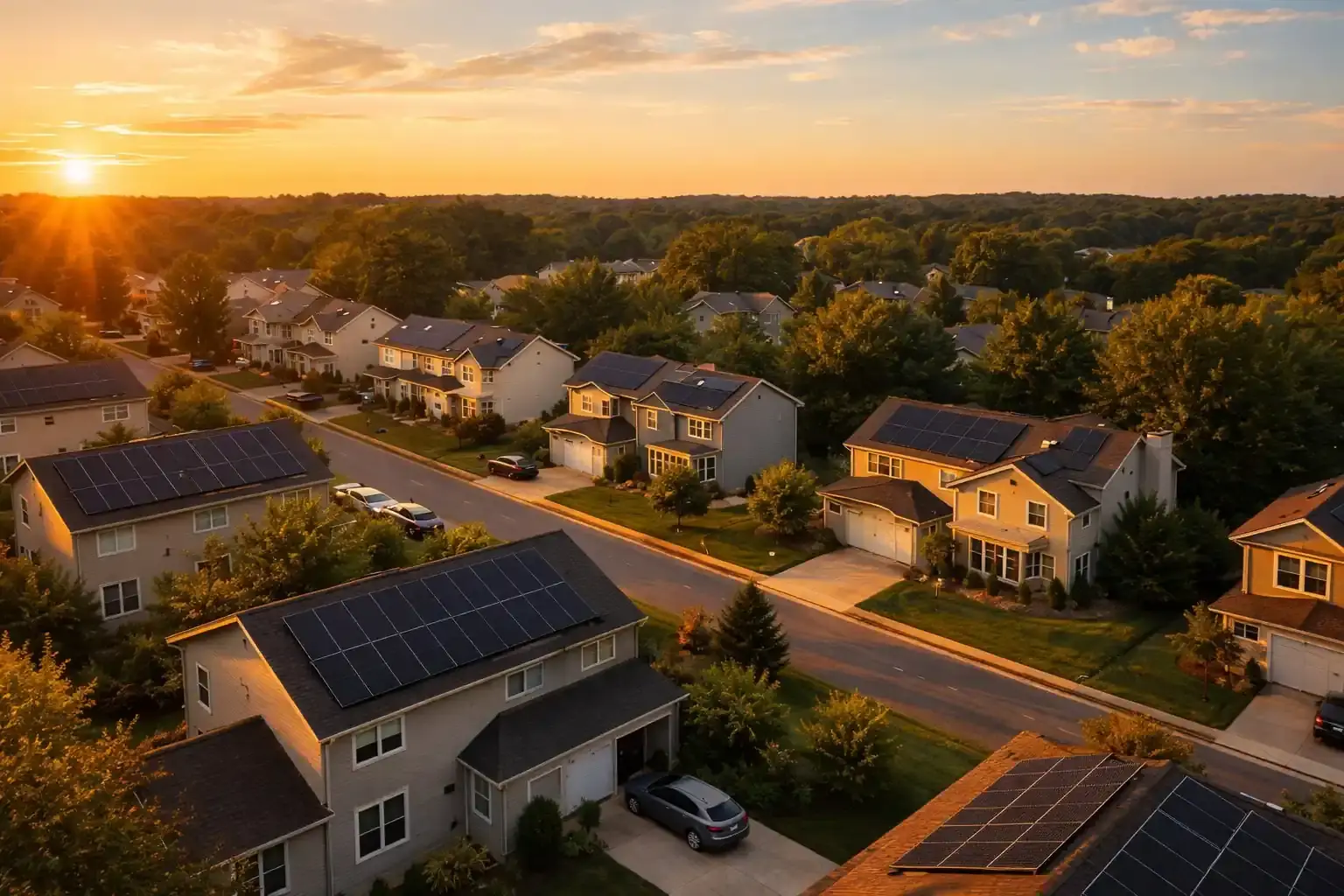 Solar panels Delaware — aerial view of a suburban neighborhood with rooftop solar at sunset