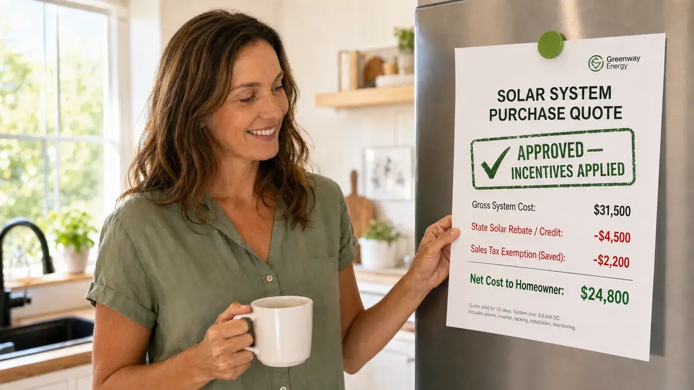 Solar incentives — homeowner reviewing a solar quote and state incentive savings breakdown