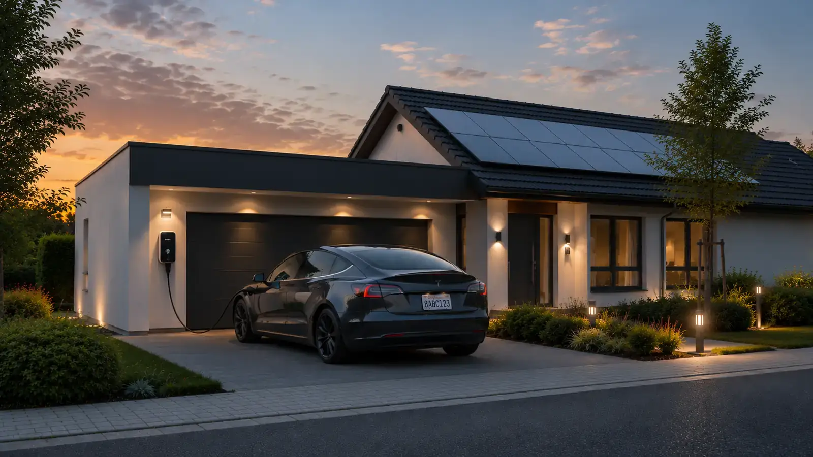 Electric vehicle charging at a solar-powered home at dusk