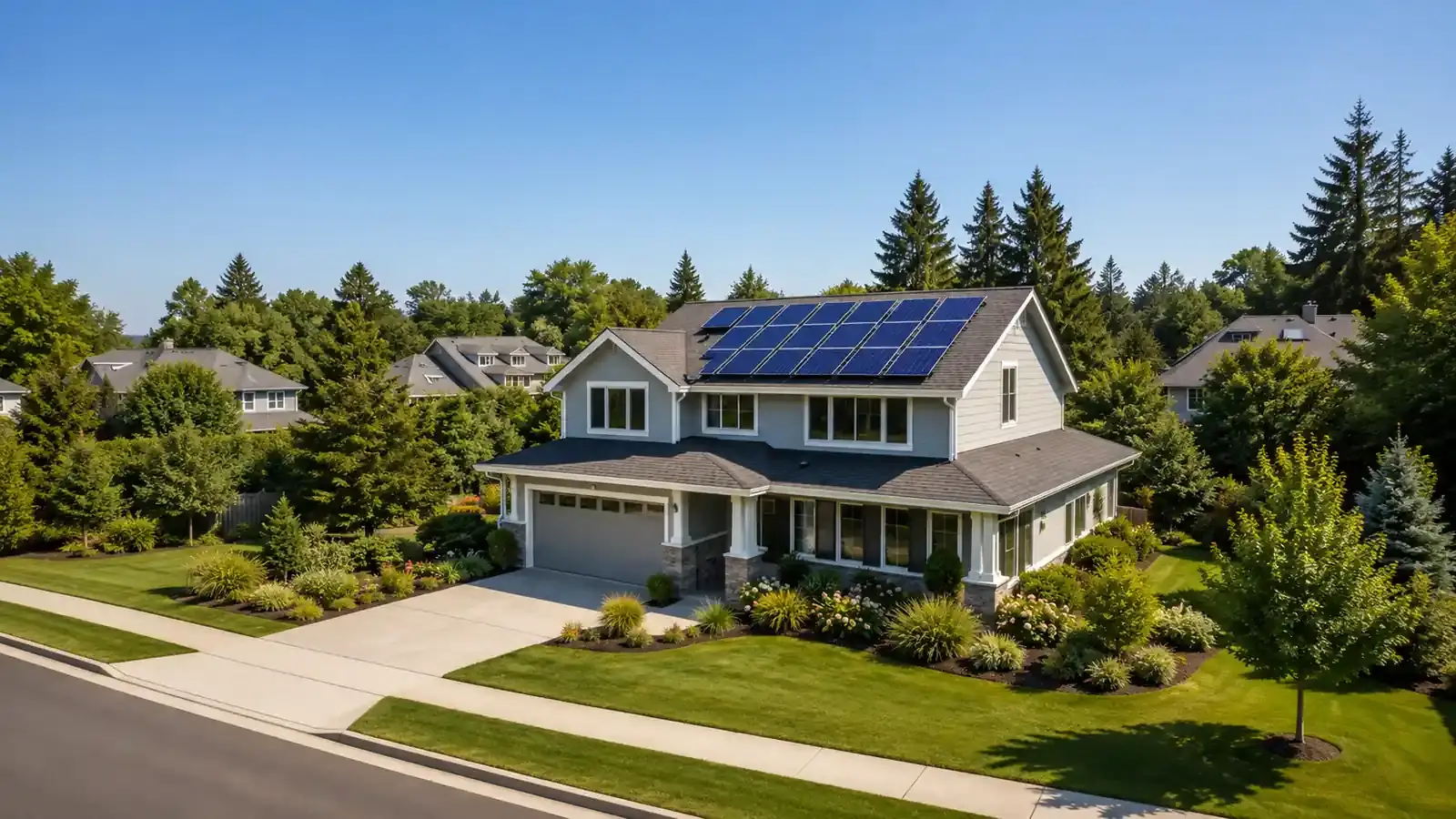 Two-story suburban home with rooftop solar panel installation