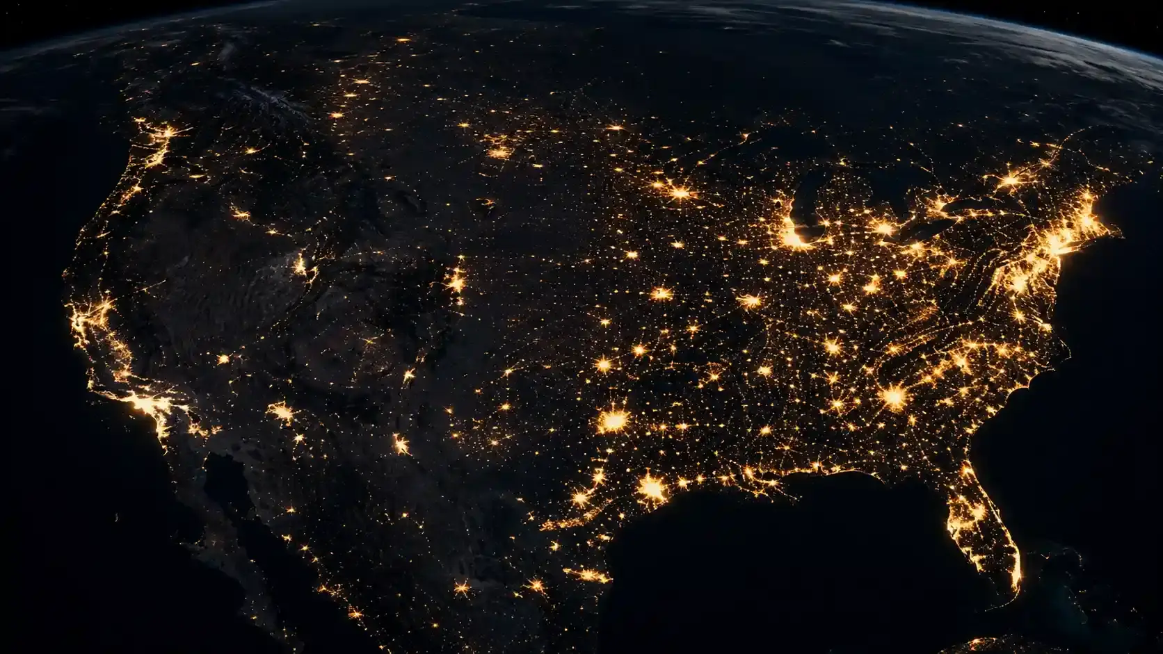 Solar panels by state — USA at night showing electricity usage and solar energy potential across all 50 states